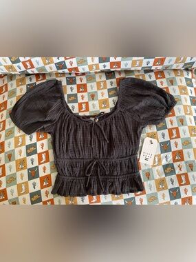Billabong Black Crinkle Tie-Front Peplum Top
